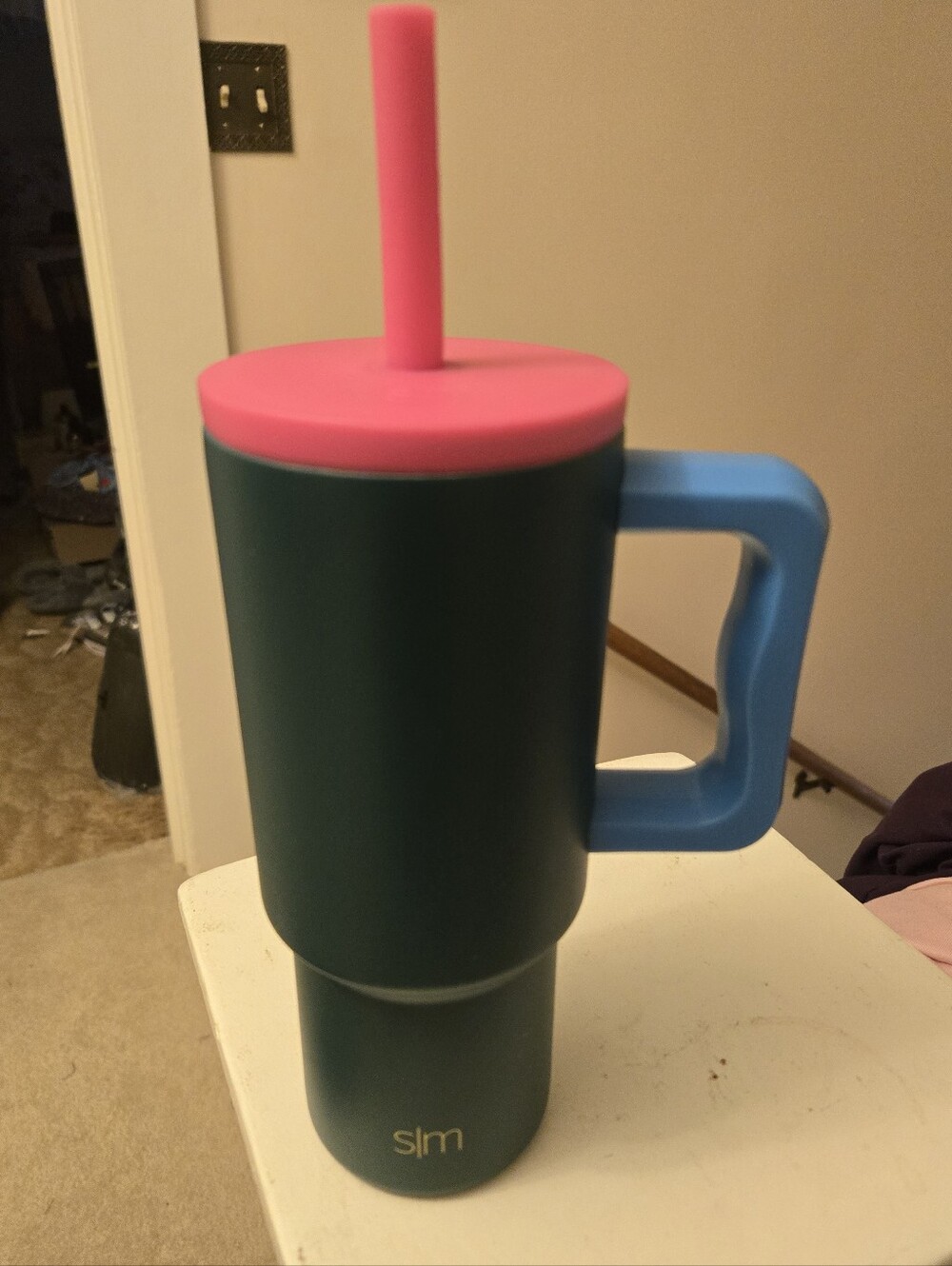 Slim Canister Travel Tumbler with Pink Lid and Blue Handle